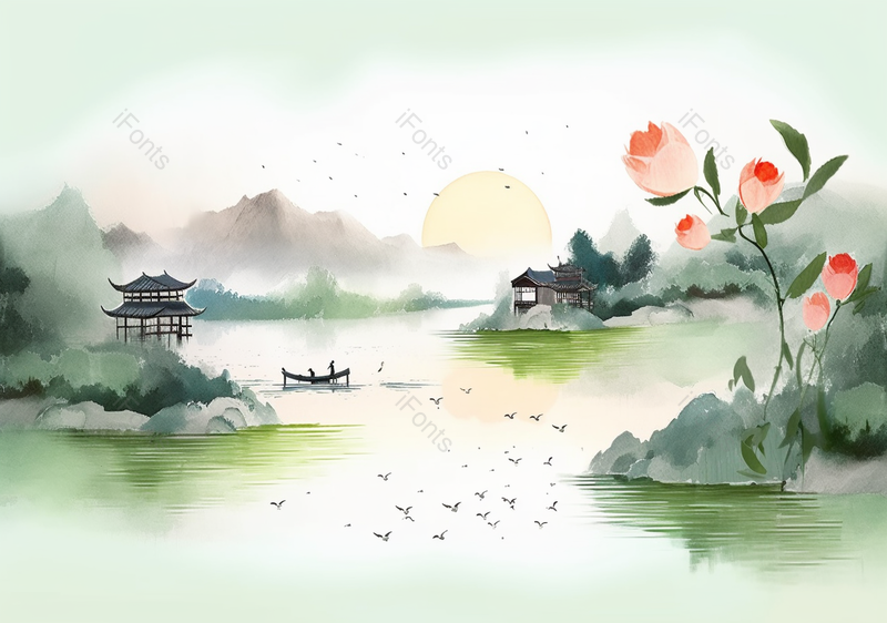 绿色中国风柳树池塘船水墨画背景,插画/手绘图,插画/手绘图库,插画/手绘图下载,插画/手绘